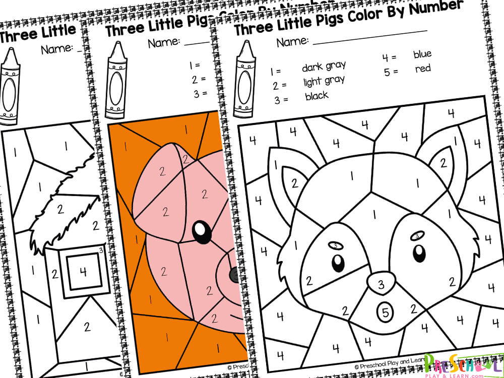 Free three little pigs color by number worksheets