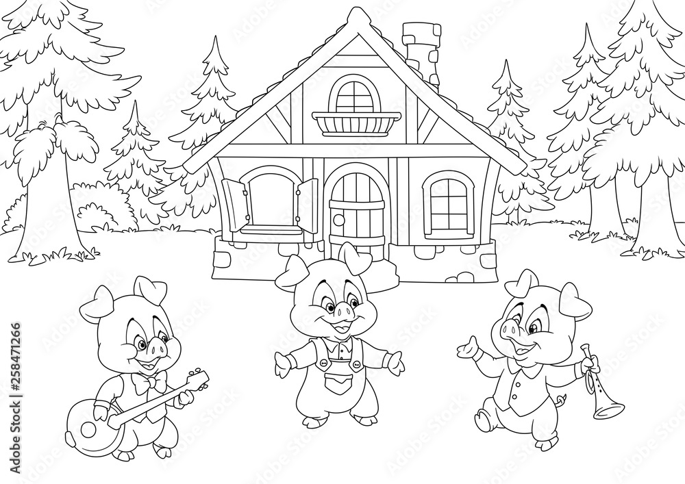 Fairy tale three little pigs forest nature house background cartoon album illustration coloring page illustration