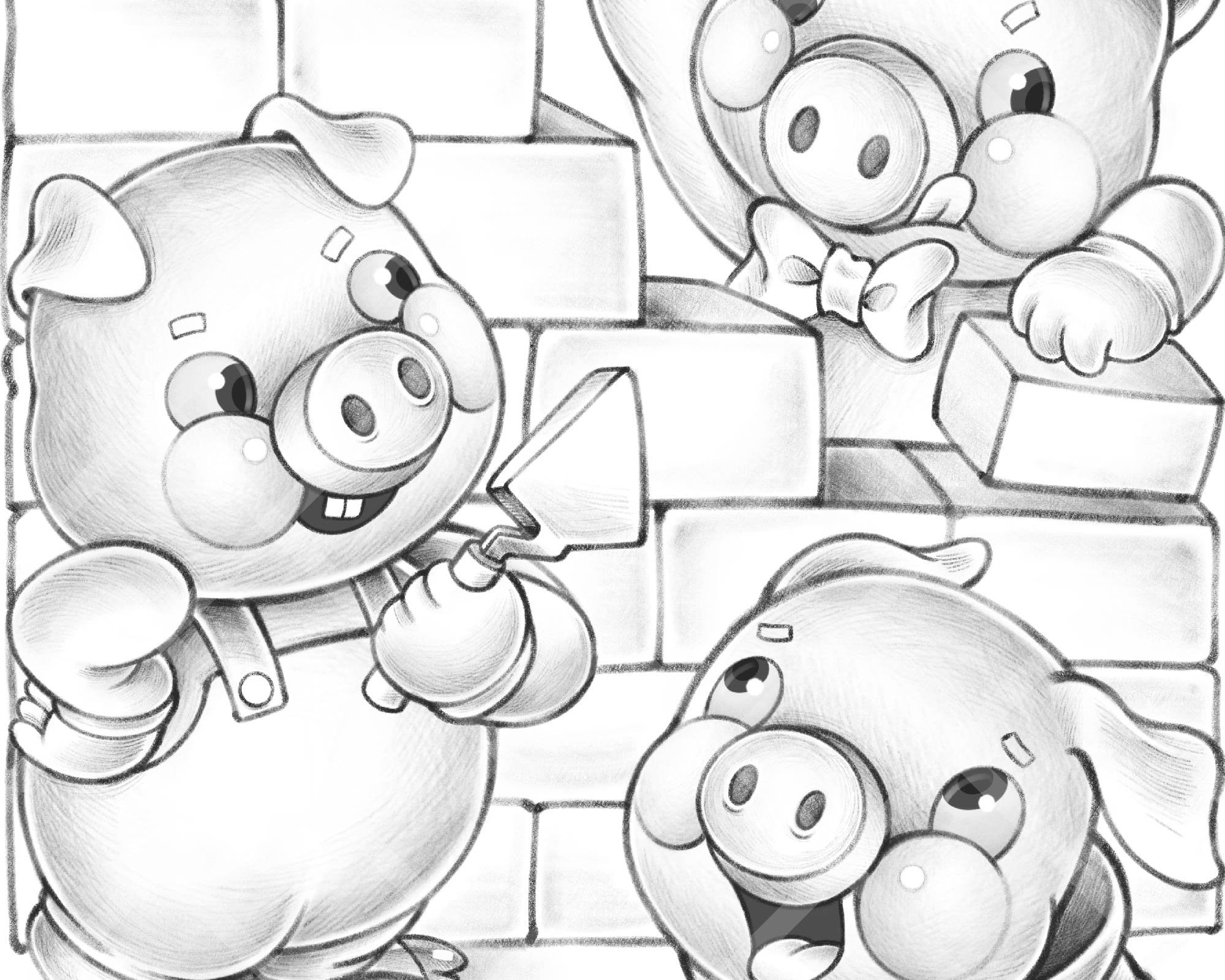 The three little pigs coloring pages for adults and kids digital stamp animals illustration fairy tale scene pdf instant download