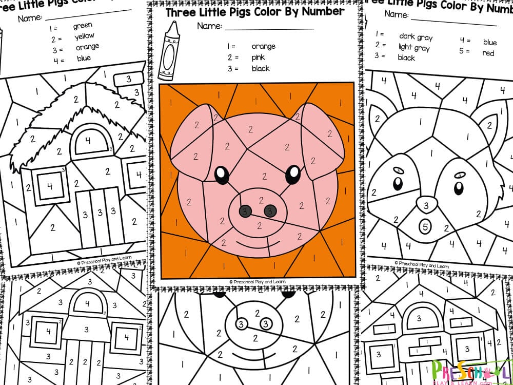 Free three little pigs color by number worksheets