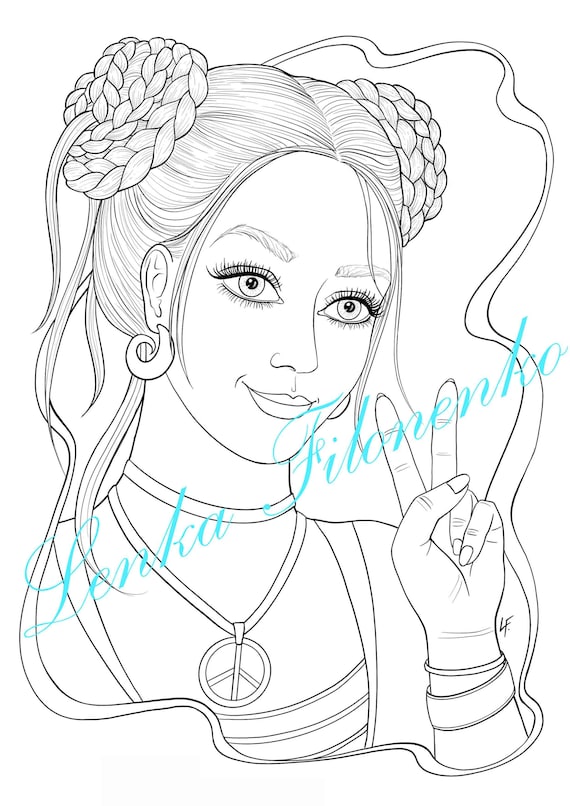 Coloring page for adults young girl peace sign pdf download and print