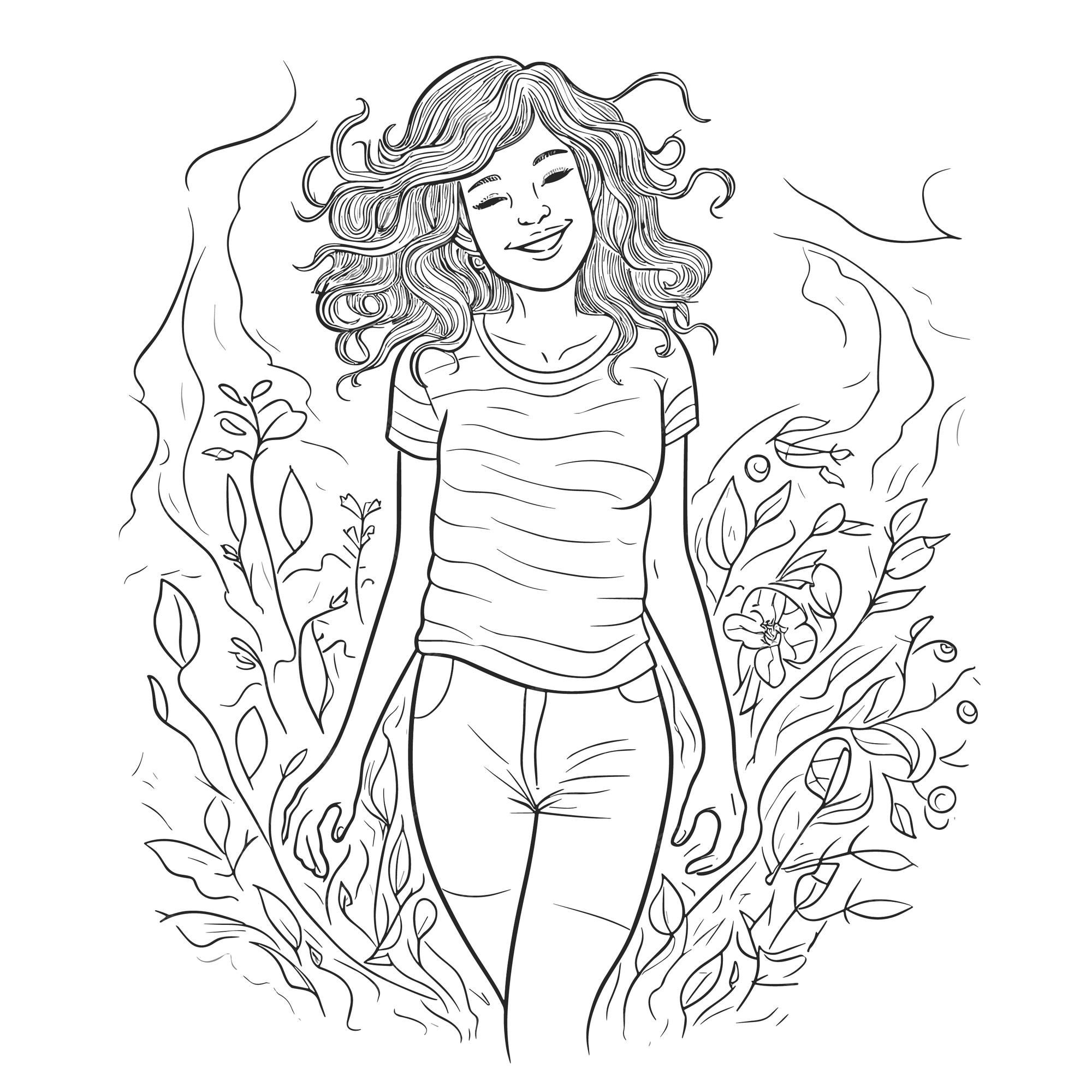 Premium vector illustartion coloring book page woman study