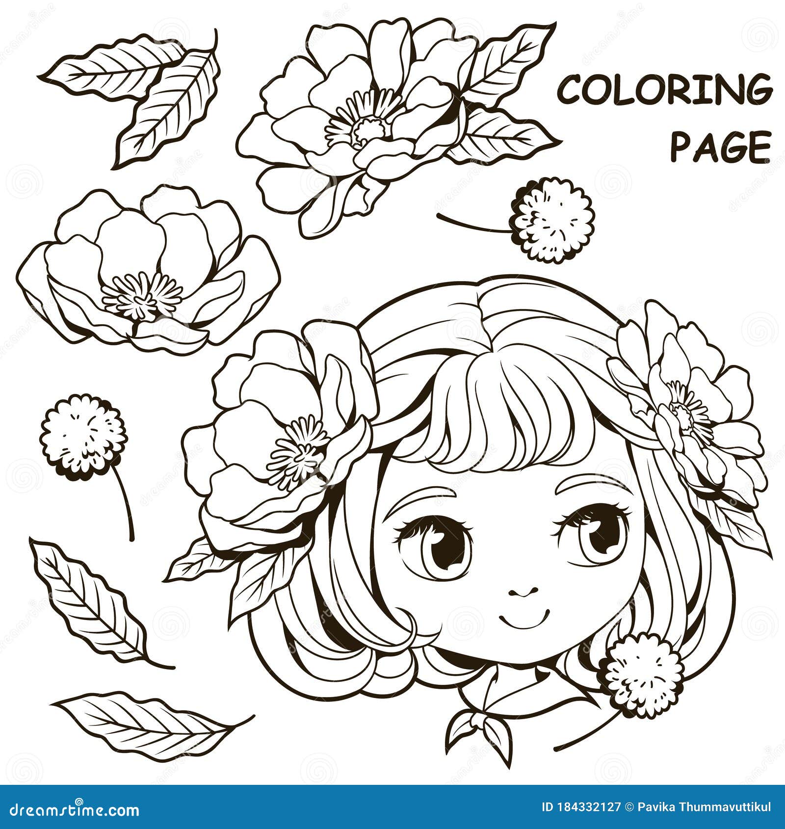 Cute girl and flower coloring pages stock vector