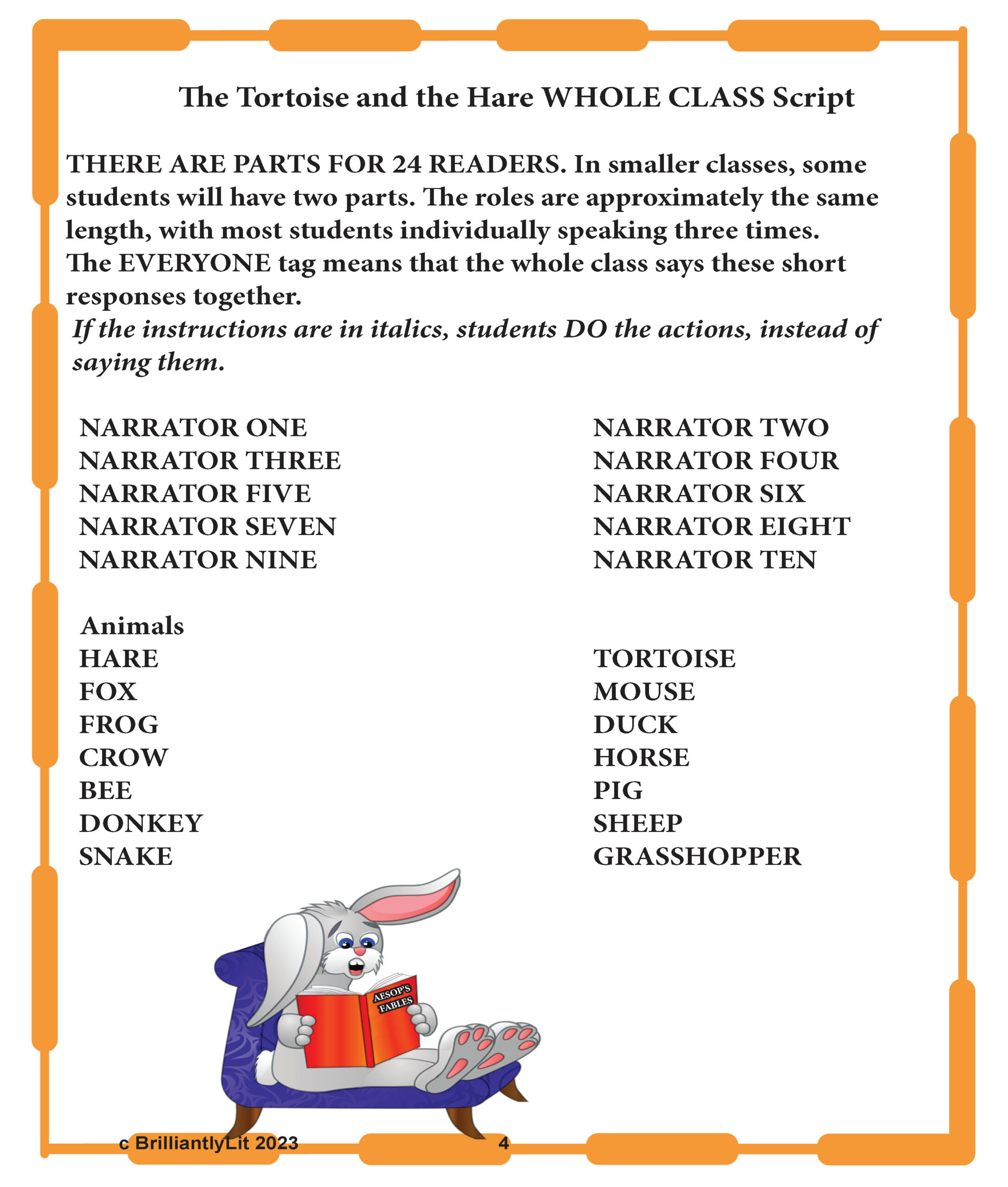 Aesops fable the tortoise and the hare whole class readers theater script made by teachers