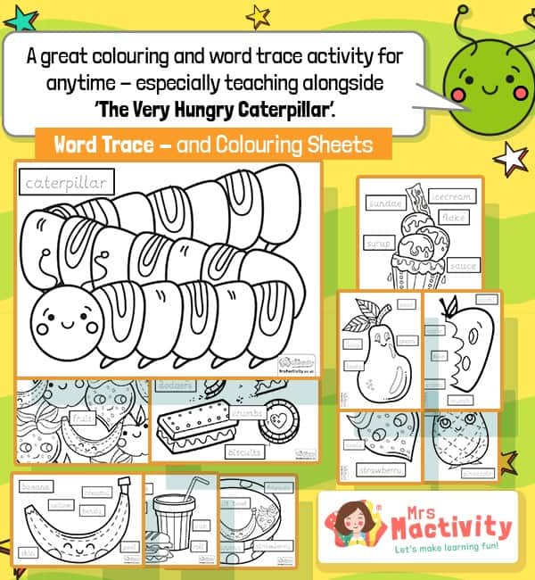 Very hungry caterpillar louring sheets with word trace primary teaching resources