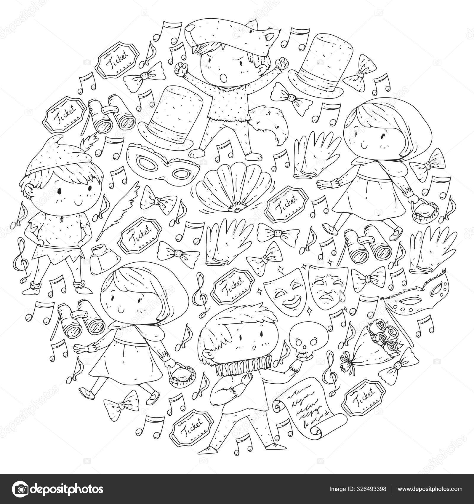 Illustration of a childrens performing on stage theatre with kids coloring page stock vector by helenf