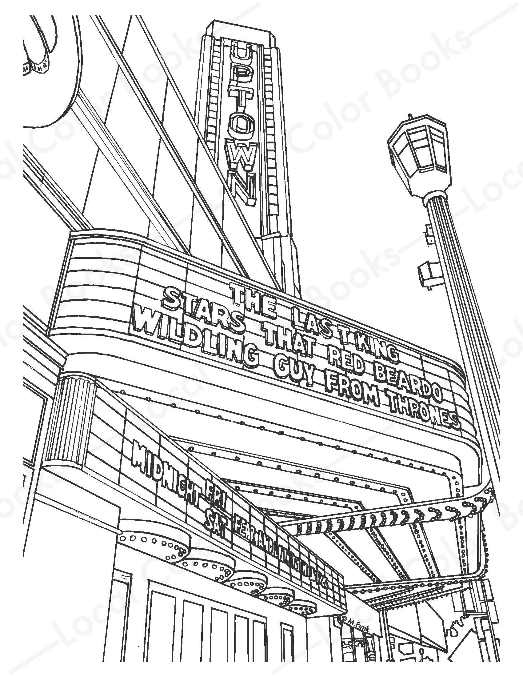 Uptown theatre color minneapolis printable instant digital download adult coloring page