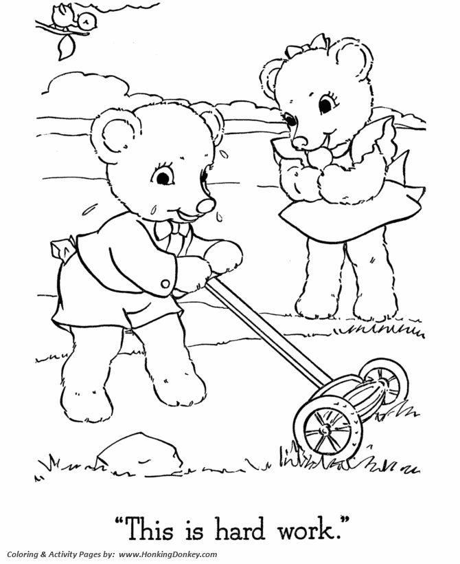 Teddy bear coloring pages free printable boy teddy bear mowing the lawn coloring activity pages for pre