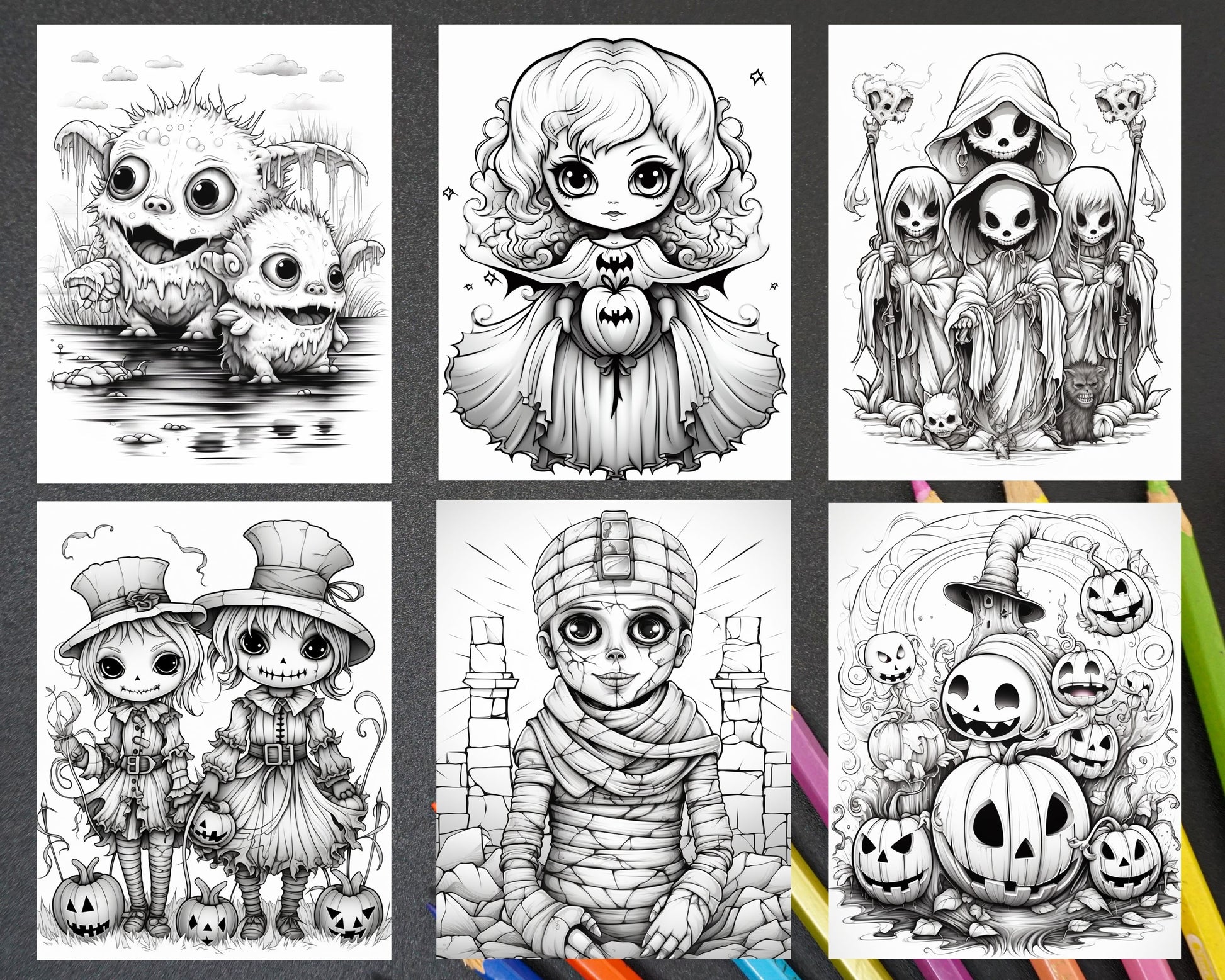 Halloween creepy kawaii grayscale coloring pages for adults and kid â coloring