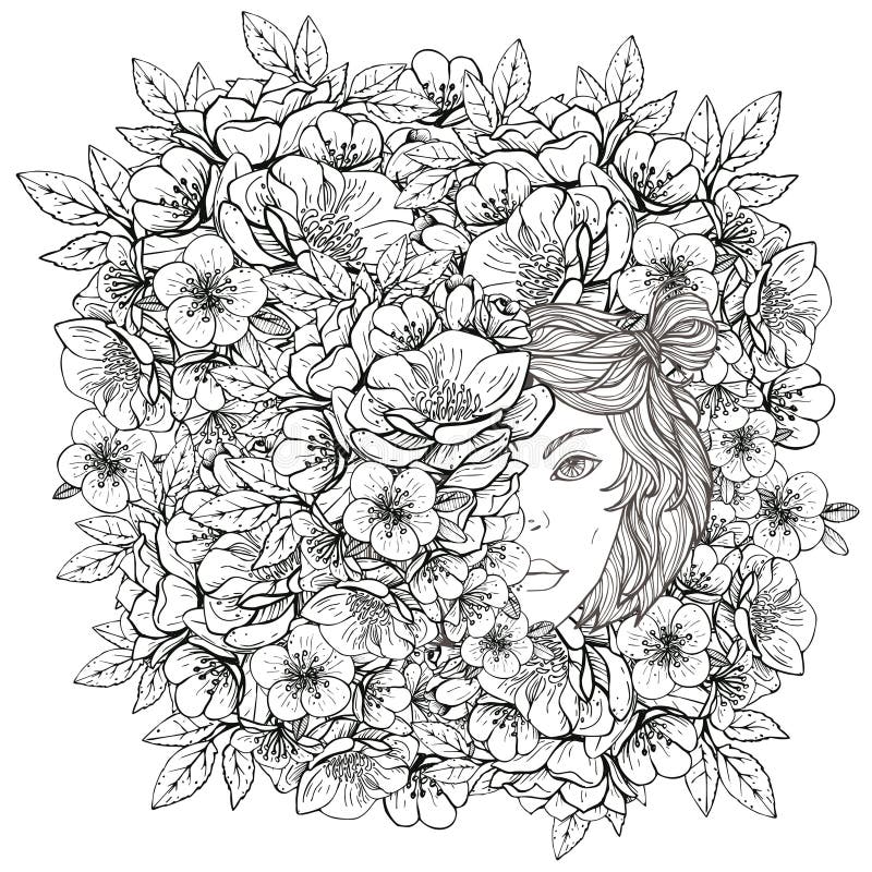 Colouring pictures with girl and flower art therapy coloring page for adults and children stock vector