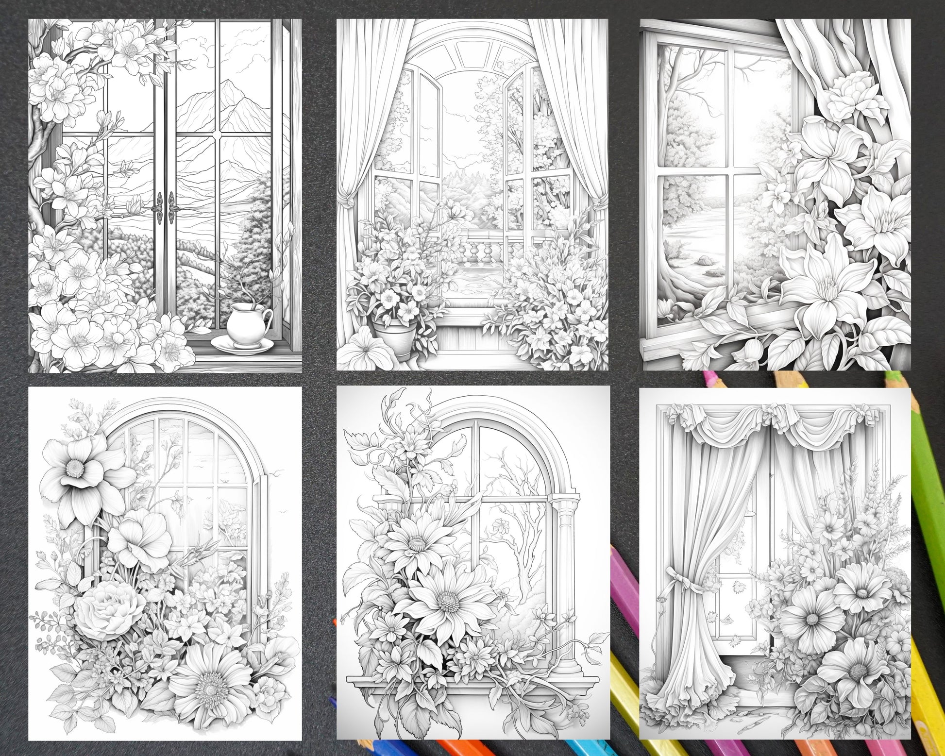 Blooming windows grayscale coloring pages printable for adults pdf â coloring