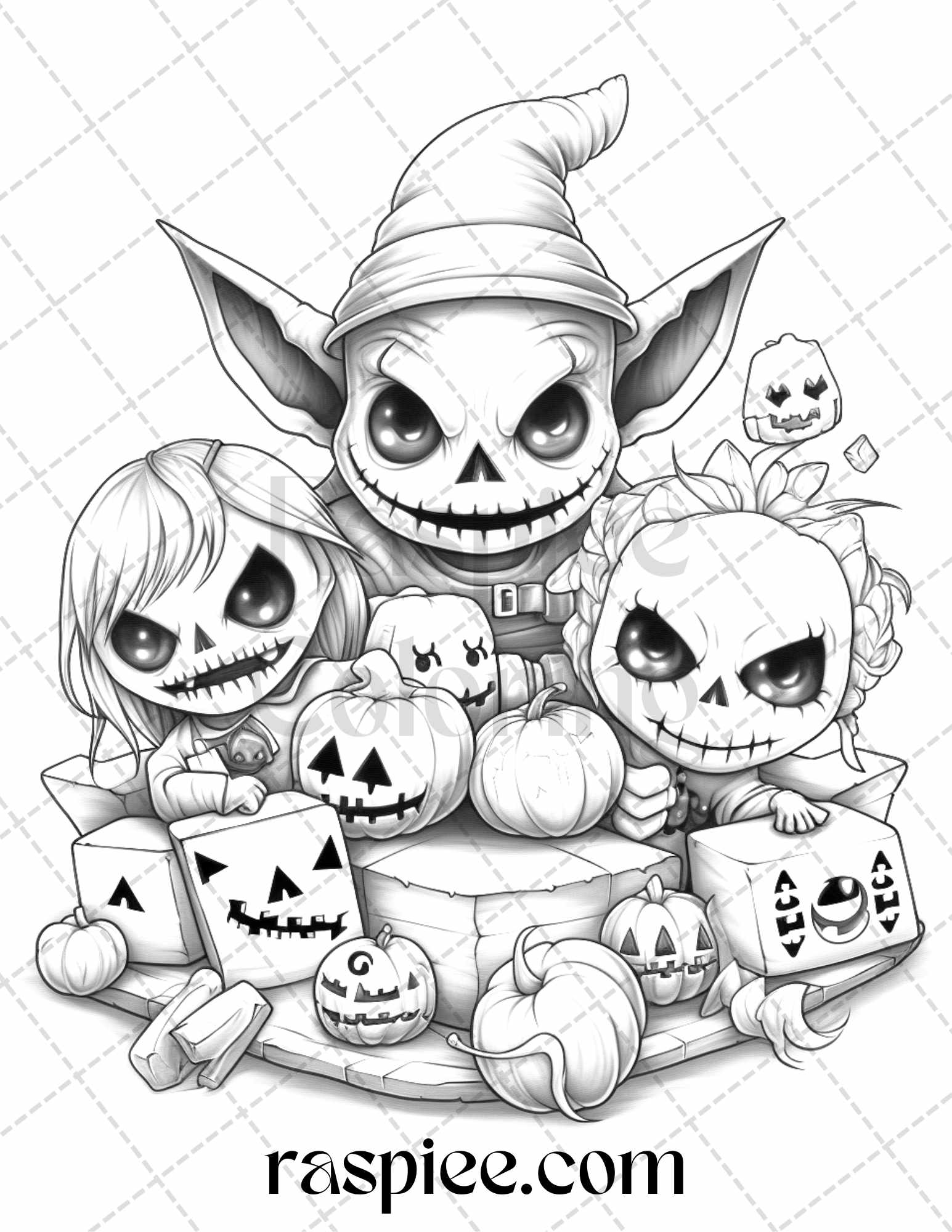 Halloween creepy kawaii grayscale coloring pages for adults and kid â coloring