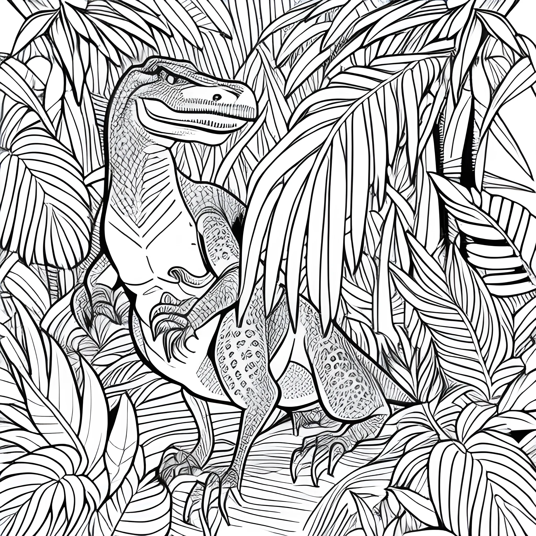 Coloring page for kids dinosaur in a jungle from the front ca