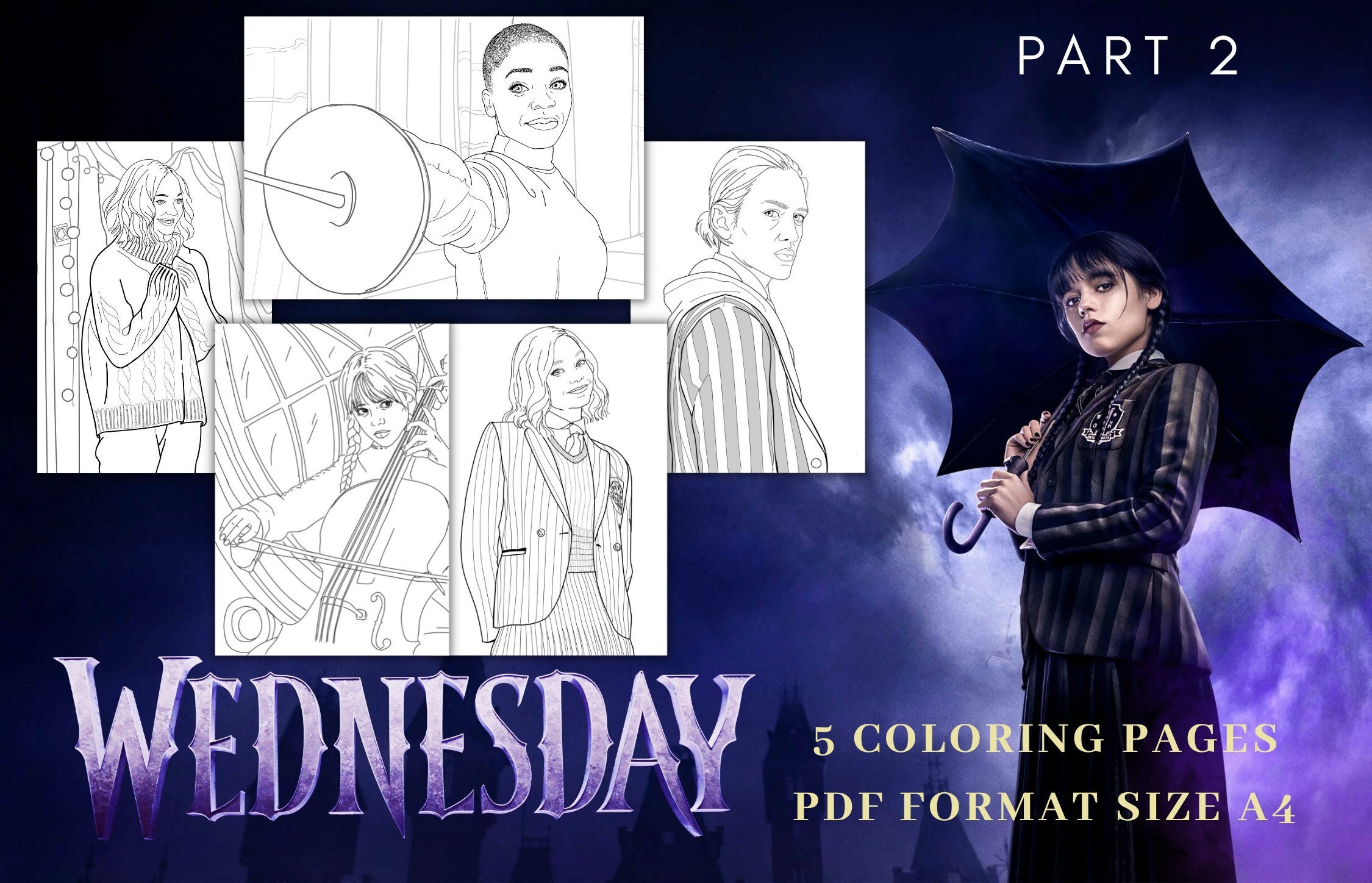 Wednesday addams coloring pages instant digital print pdf part