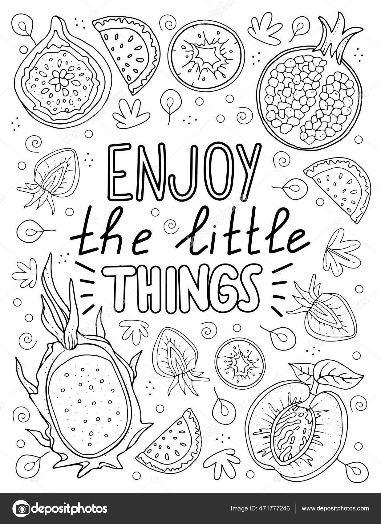 Enjoy little things hand drawn coloring page kids adults beautiful stock vector by christinadesigns