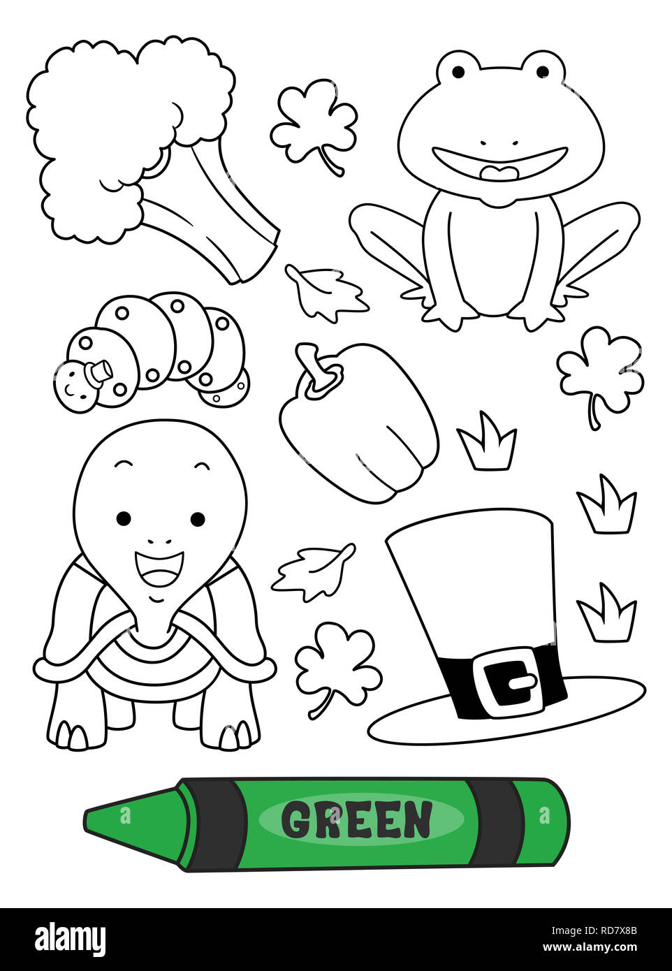 Illustration of a green crayon with green colored elements in a coloring page stock photo