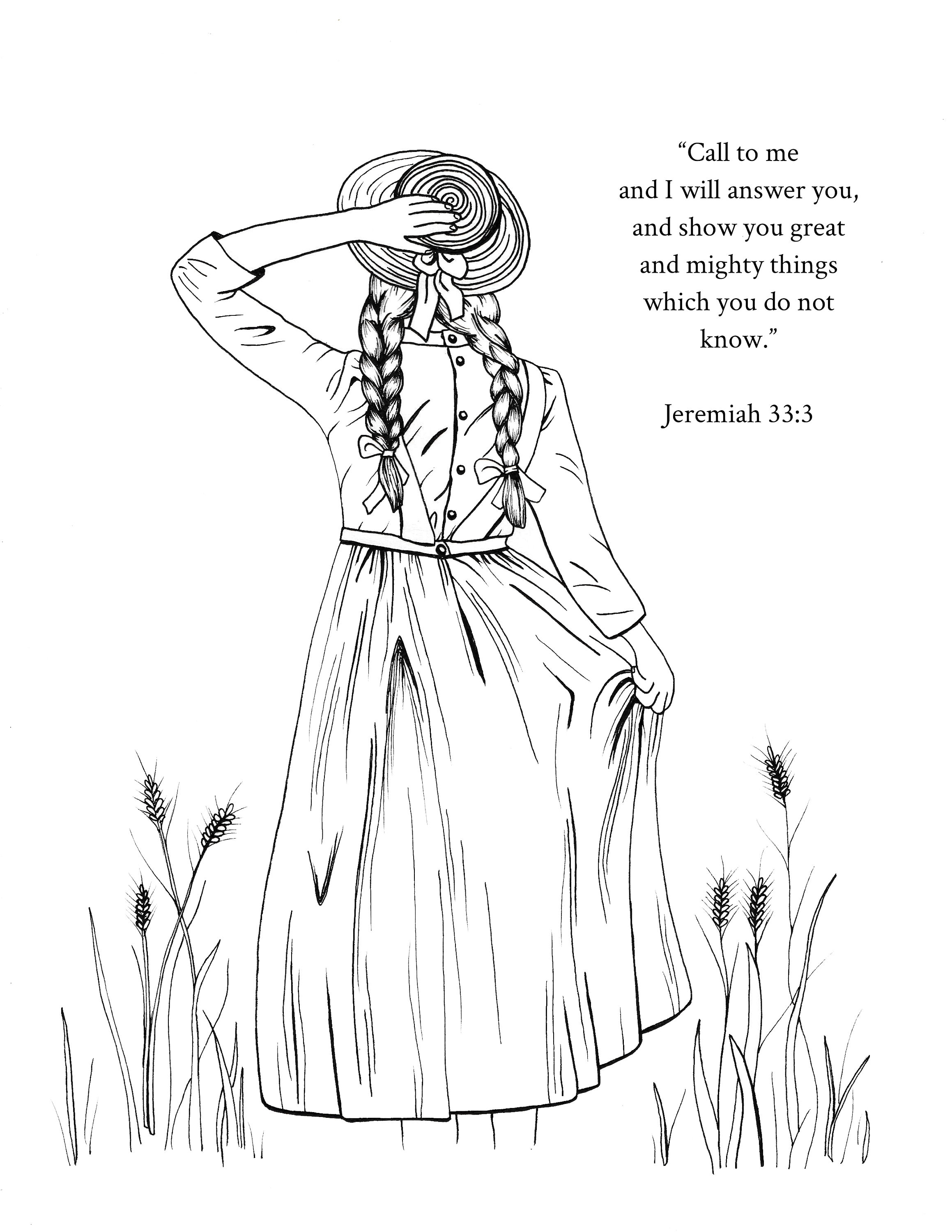 Old fashioned girl young woman printable coloring page includes bible memory verse size x hand drawn art by brittany okeefe