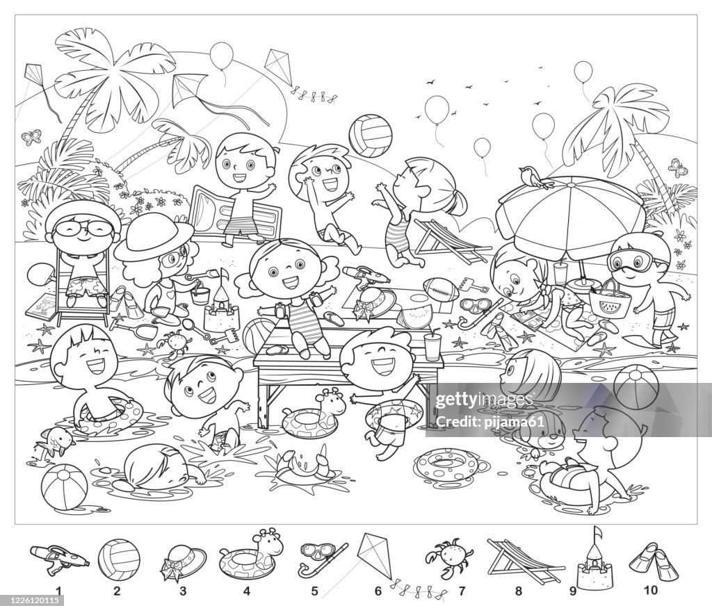 Coloring book find objects in the picture puzzle hidden items happy kids having fun on the beach high