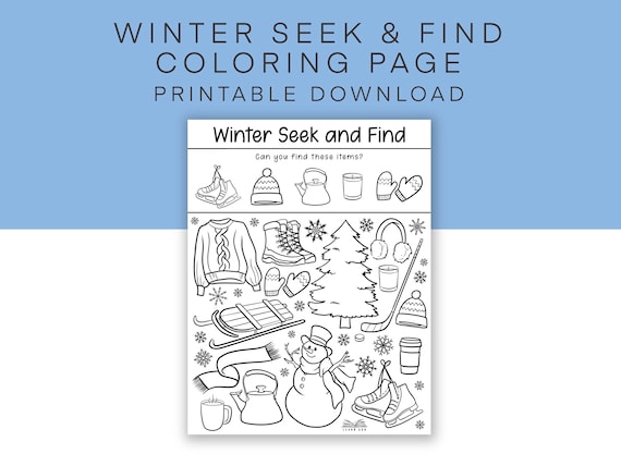 Winter seek and find printable coloring page snow i spy activity sheet wintertime puzzle for kids holiday digital download activity instant download