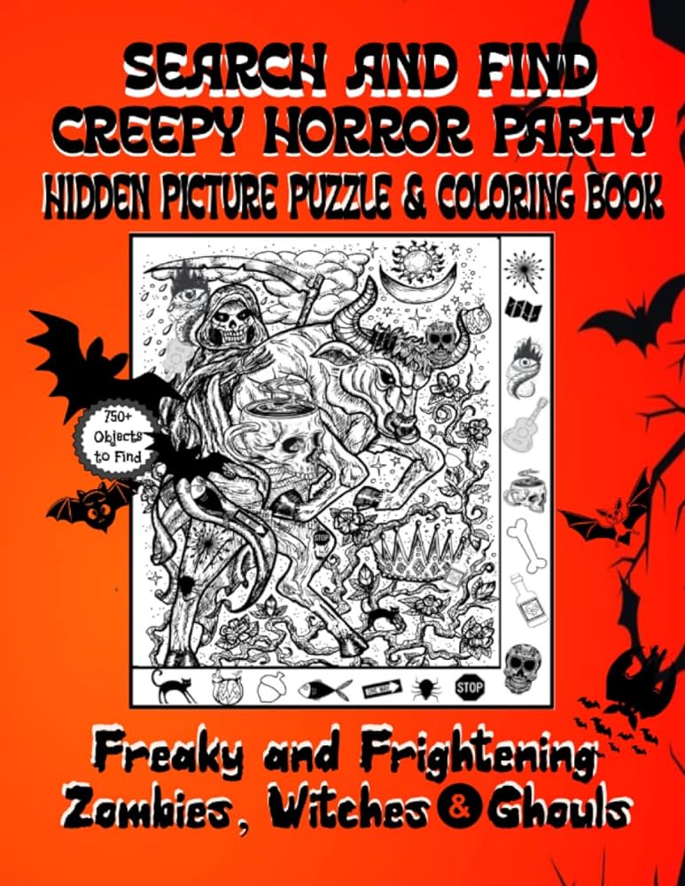 Search and find creepy horror party hidden picture puzzle coloring book freaky and frightening zombies witches ghouls copper penny puzzles books