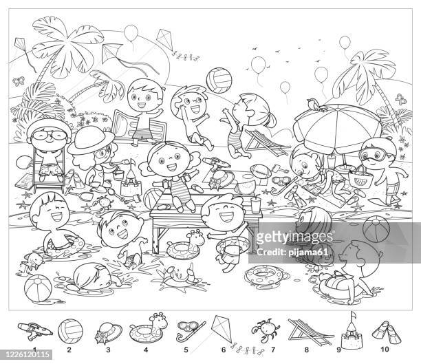 Coloring book find objects in the picture puzzle hidden items happy kids having fun on the beach high