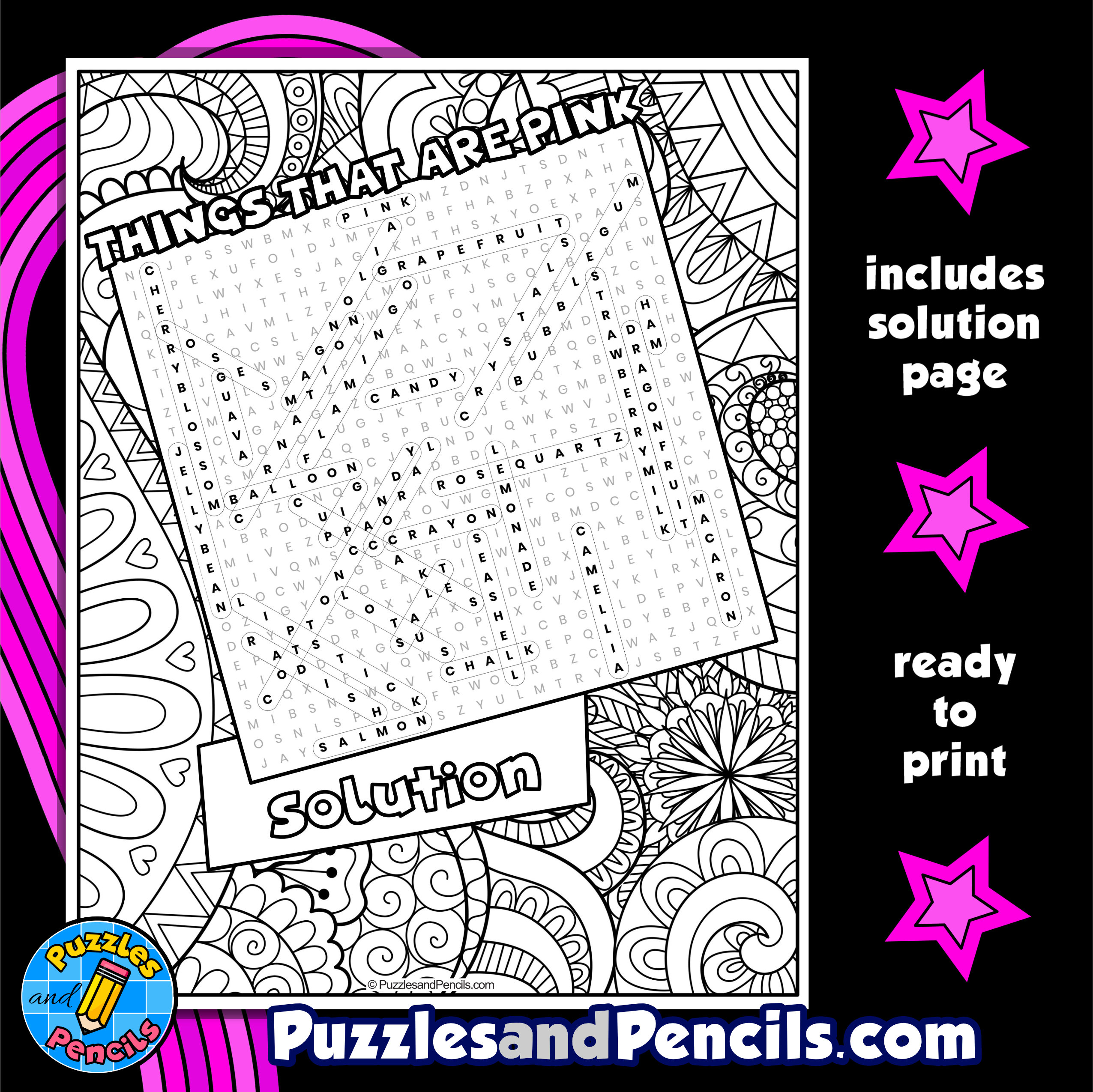 Things that are pink word search puzzle with coloring wordsearch made by teachers