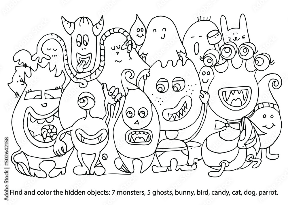 Cute monsters with animals and ghosts find and coloring hidden objects puzzle game colouring book printable education worksheet sketch vector illustration vector