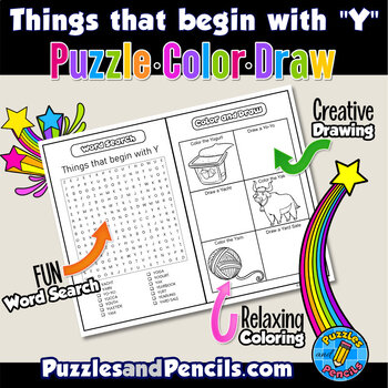 Things that begin with y word search puzzle and coloring puzzle color draw