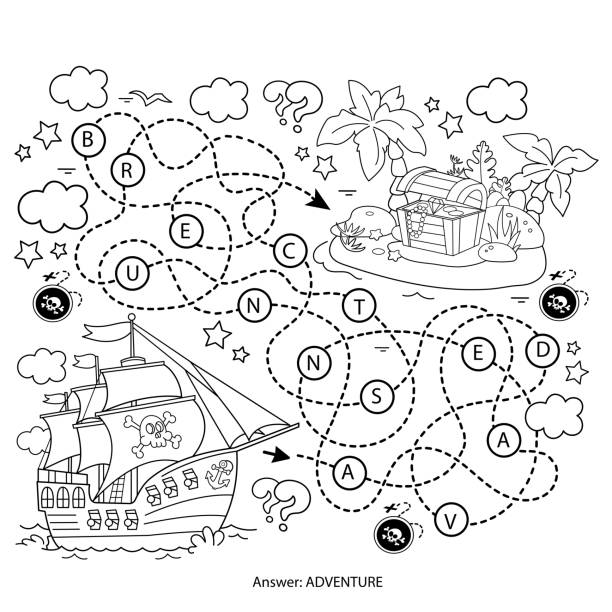 Maze or labyrinth game puzzle tangled road coloring page outline of cartoon pirate ship with treasure island coloring book for kids stock illustration