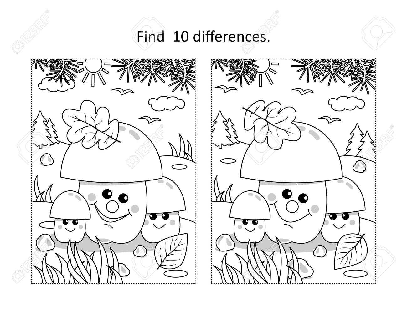 Find differences visual puzzle and coloring page with three mushrooms in autumn royalty free svg cliparts vectors and stock illustration image