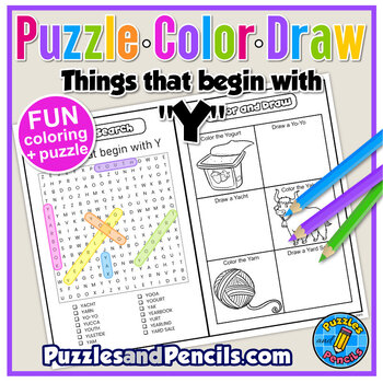 Things that begin with y word search puzzle and coloring puzzle color draw