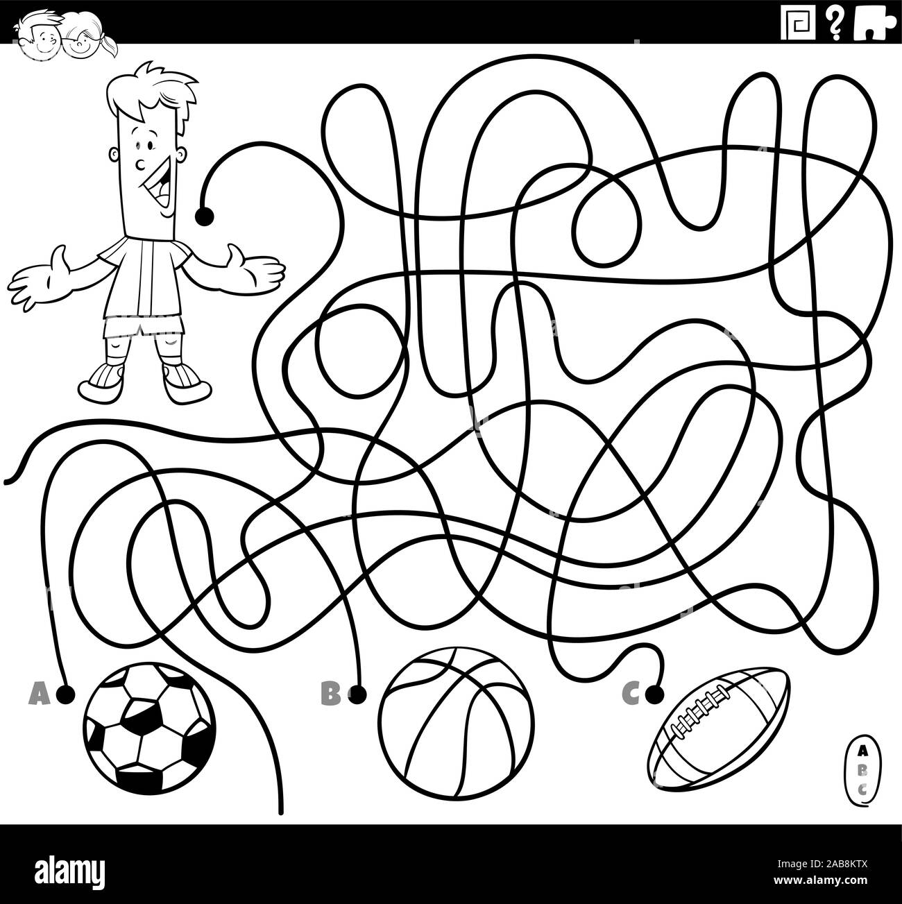 Black and white cartoon illustration of lines maze puzzle game with boy character and balls sport objects coloring book page stock vector image art