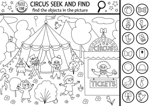 Vector circus searching black and white game with amusement show marquee clown spot hidden objects in the picture simple line seek and find printable activity or coloring page stock illustration