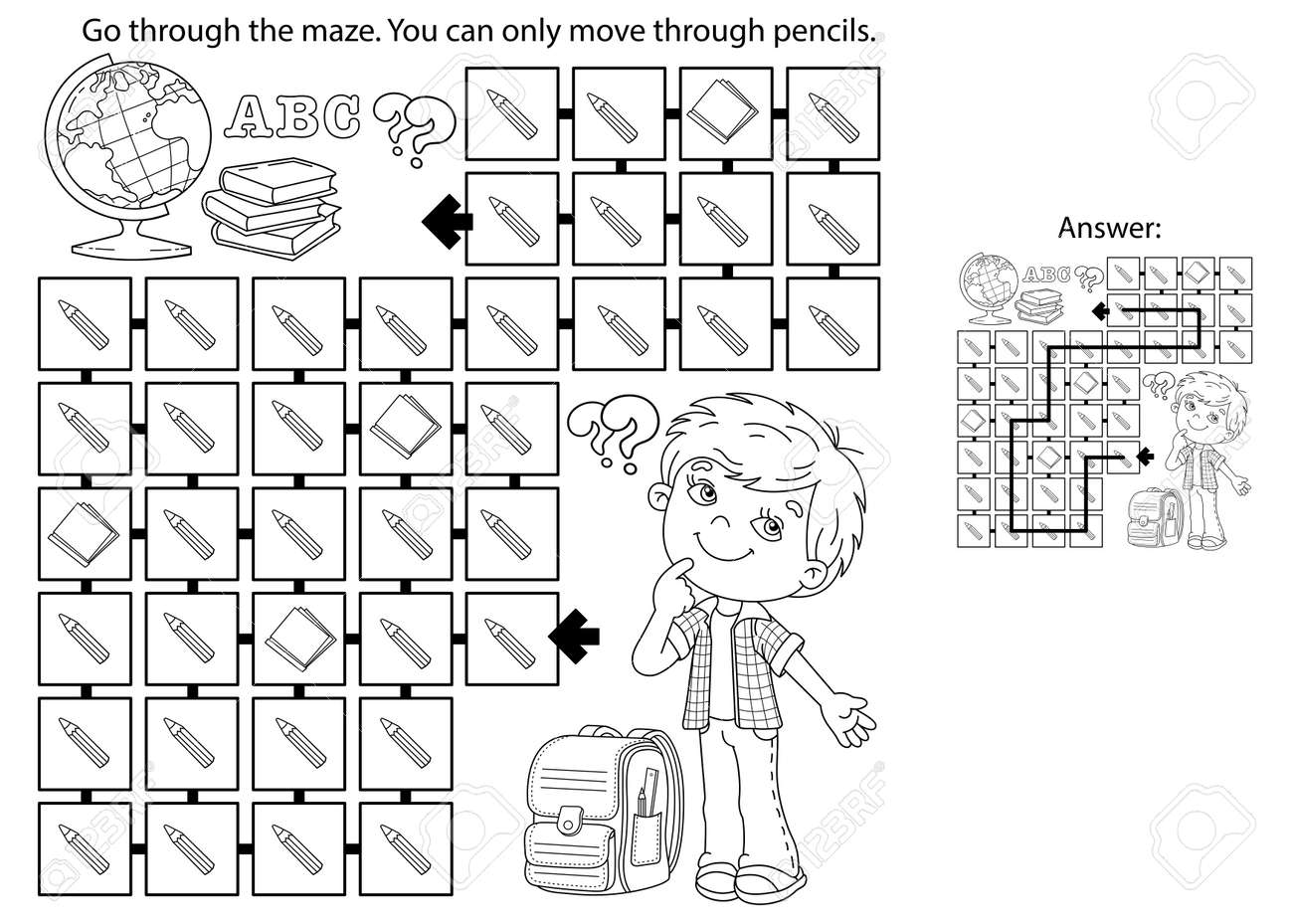 Maze or labyrinth game puzzle coloring page outline of cartoon boy with school supplies coloring book for kids royalty free svg cliparts vectors and stock illustration image