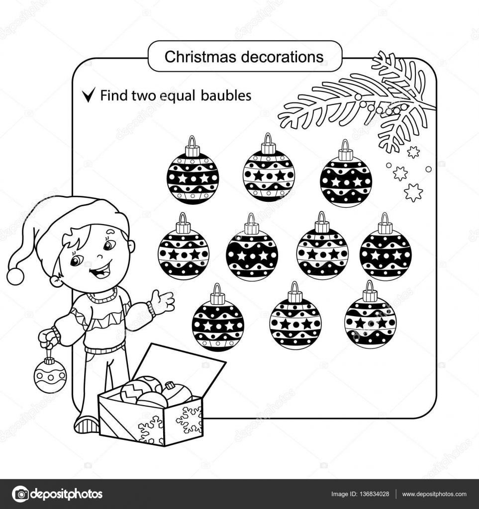 Puzzle for kids kid mind game assorted things to find the match christmas balls set coloring page for children stock vector by oleon