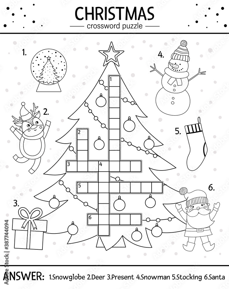 Vector christmas black and white crossword puzzle for kids simple quiz with winter holiday objects for children educational activity or coloring page with traditional new year elements vector