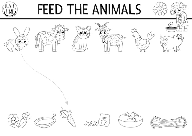 Premium vector black and white farm matching activity with animals food country puzzle with rabbit cow hen goat pig match the objects game feed the animals printable coloring page on the