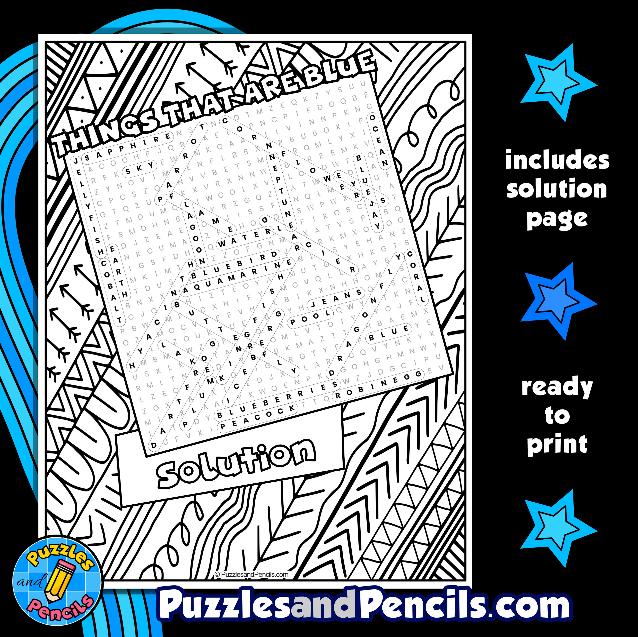 Things that are blue word search puzzle with coloring wordsearch made by teachers