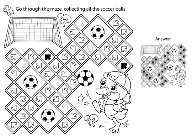 Maze or labyrinth game puzzle coloring page outline of cartoon duck or duckling with soccer ball football sport coloring book for kids stock illustration