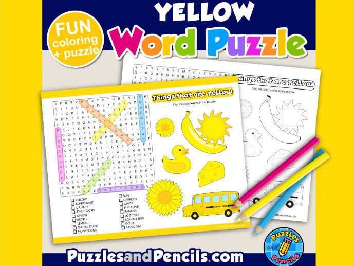 Things that are yellow word search puzzle and colouring colour wordsearch teaching resources