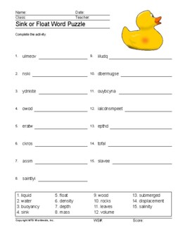 Sink or float word search and vocabulary puzzle worksheets by lesson machine