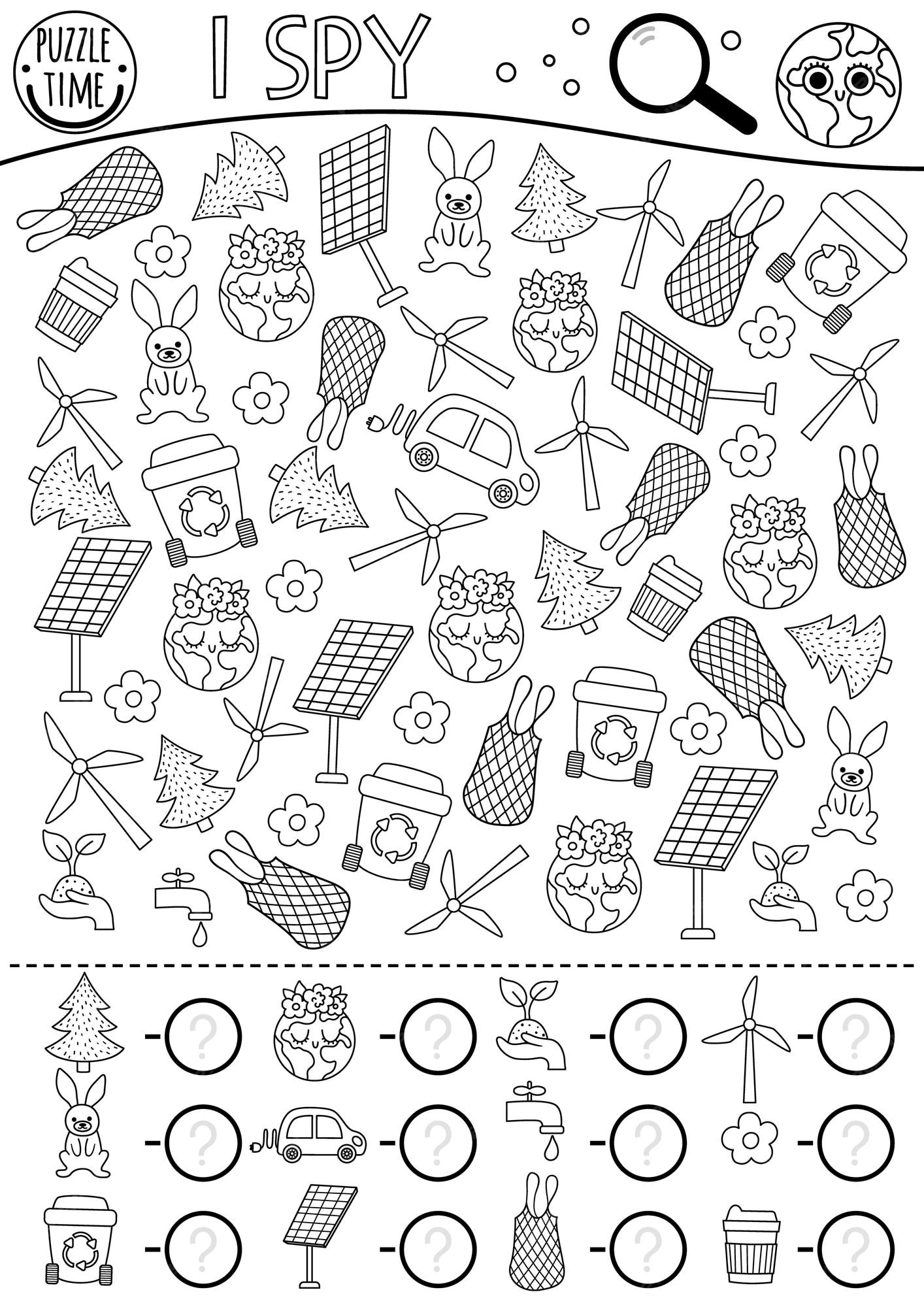 Premium vector ecological i spy searching counting game zero waste coloring page or book