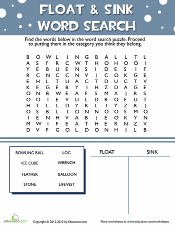 Float and sink word search worksheet education parts of speech worksheets teacher math resources persuasive writing prompts