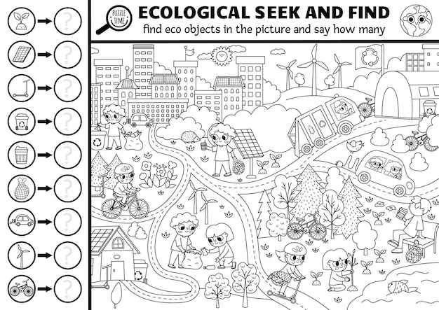 Premium vector vector black and white ecological searching game with eco city landscape spot hidden objects in the picture and say how many earth day seek and find and counting printable