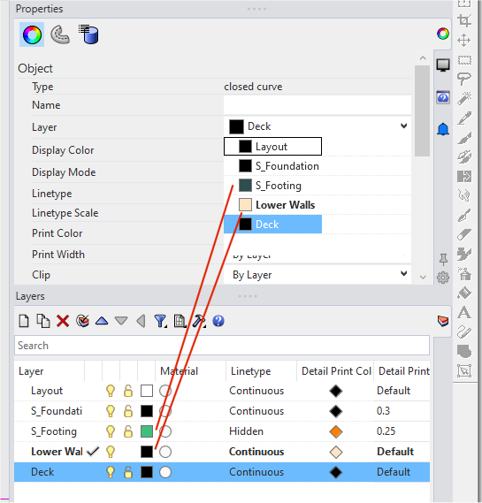 Layer color in object props dropdown