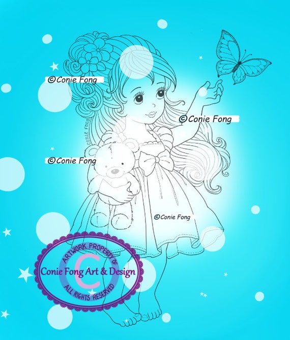 Digital stamp digi stamp digistamp butterfly princess by conie fong girl teddy bear birthday thinking of you coloring page