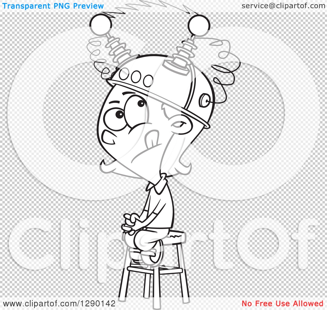 Cartoon clipart of a black and white girl sitting on a stool with a thinking cap on