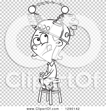 Cartoon clipart of a black and white girl sitting on a stool with a thinking cap on