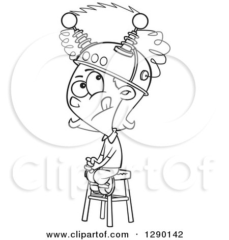Cartoon clipart of a black and white girl sitting on a stool with a thinking cap on