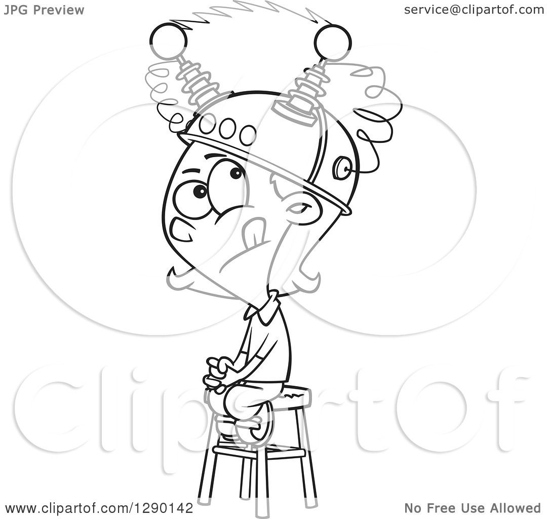 Cartoon clipart of a black and white girl sitting on a stool with a thinking cap on